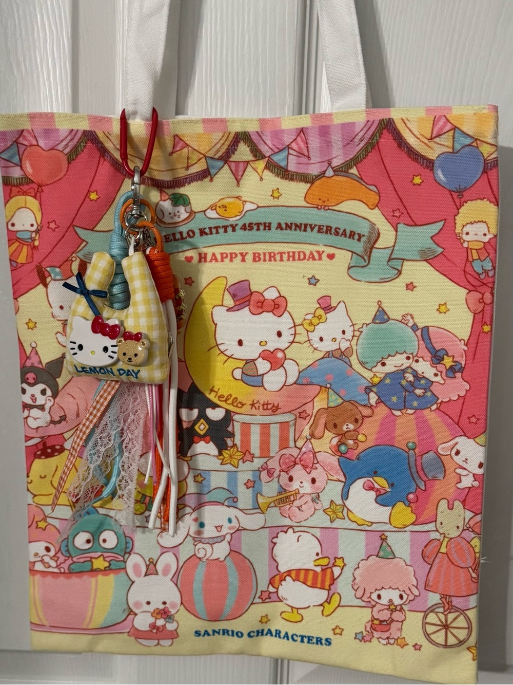 Hello Kitty Pink Yellow Cream Anniversary Tote Bag with Bag Charms